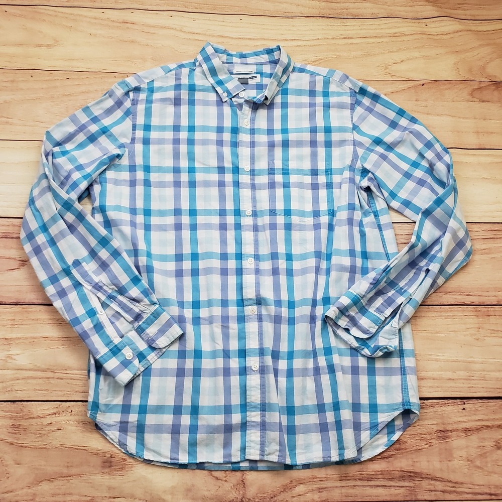 Old Navy‎ Shirt Mens Large Blue White Button Up Long Sleeve Casual Plaid Adult L